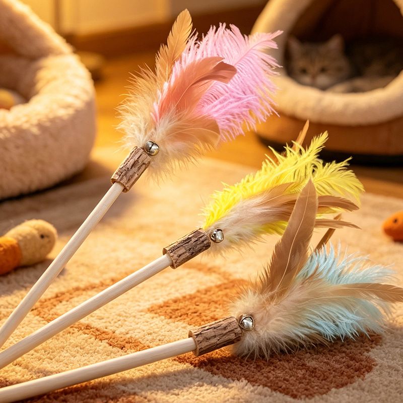 Shengyu Wooden Cat Teaser Wand with Feather and Bell Pink view 2