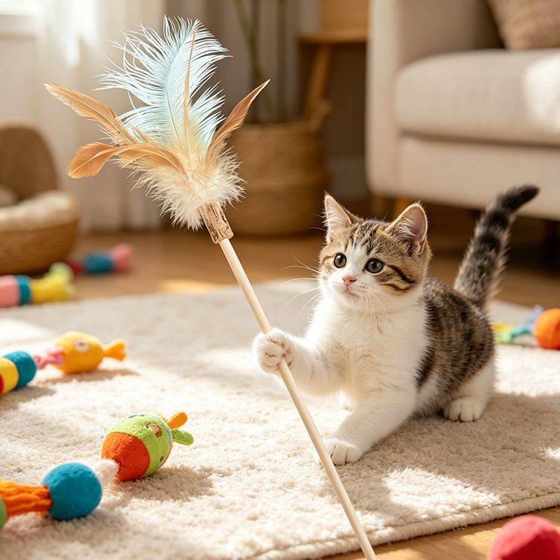 Shengyu Wooden Cat Teaser Wand with Feather and Bell Pink view 4