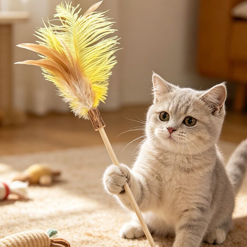 Shengyu Wooden Cat Teaser Wand with Feather and Bell Pink view 5