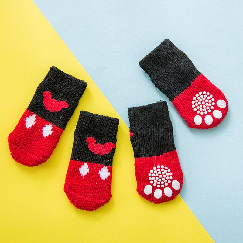 Pet Dog Socks Cartoon Pattern Non Slip 4 Pack Red mickey [4-pack] Xl-super