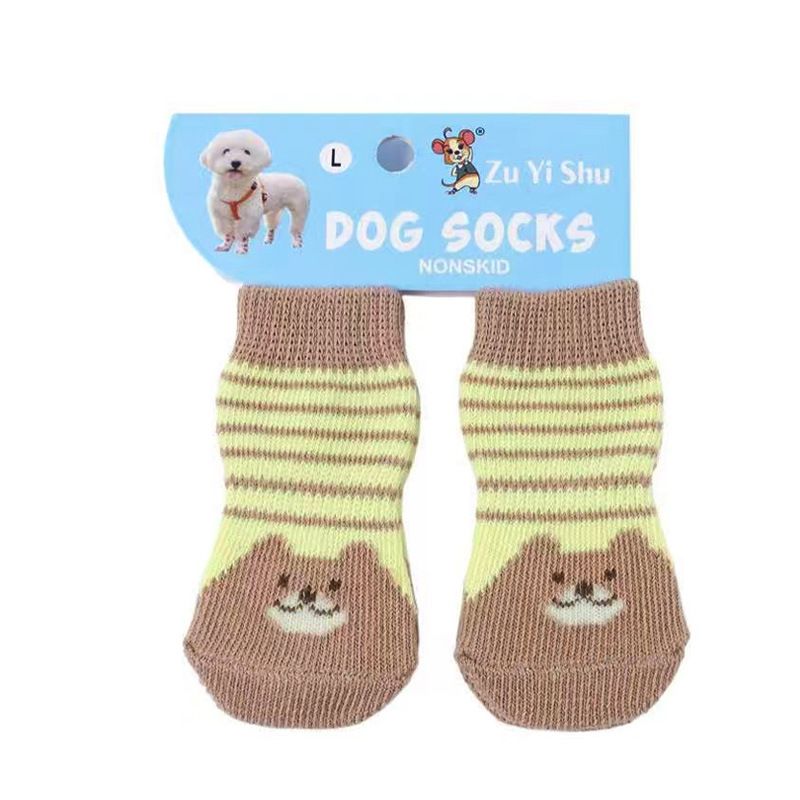Pet Dog Socks Cartoon Pattern Non Slip 4 Pack Brown bear [pack of 4] Xl-super