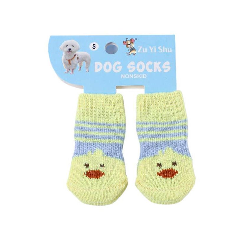 Pet Dog Socks Cartoon Pattern Non Slip 4 Pack Cute yellow fun duck [4 pack] S