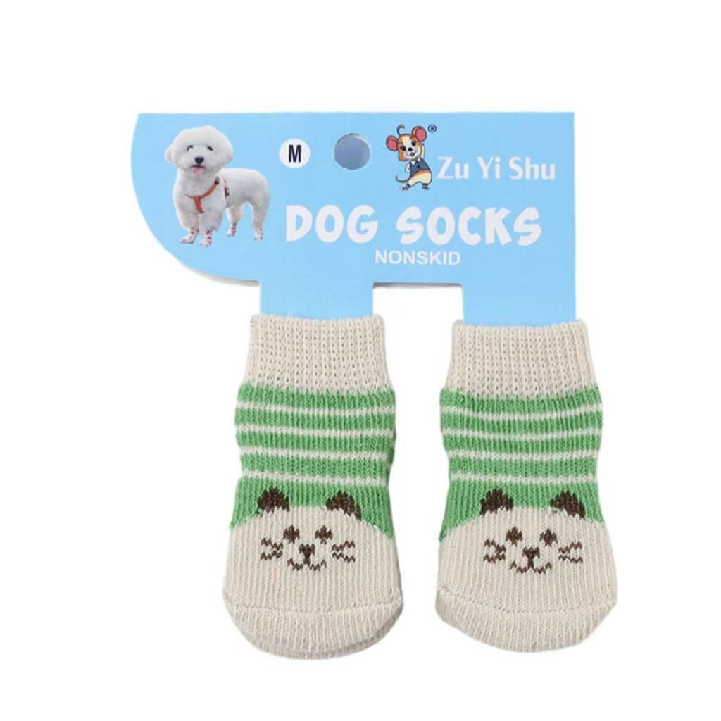 Pet Dog Socks Cartoon Pattern Non Slip 4 Pack Beige cute cat [4 pack] M