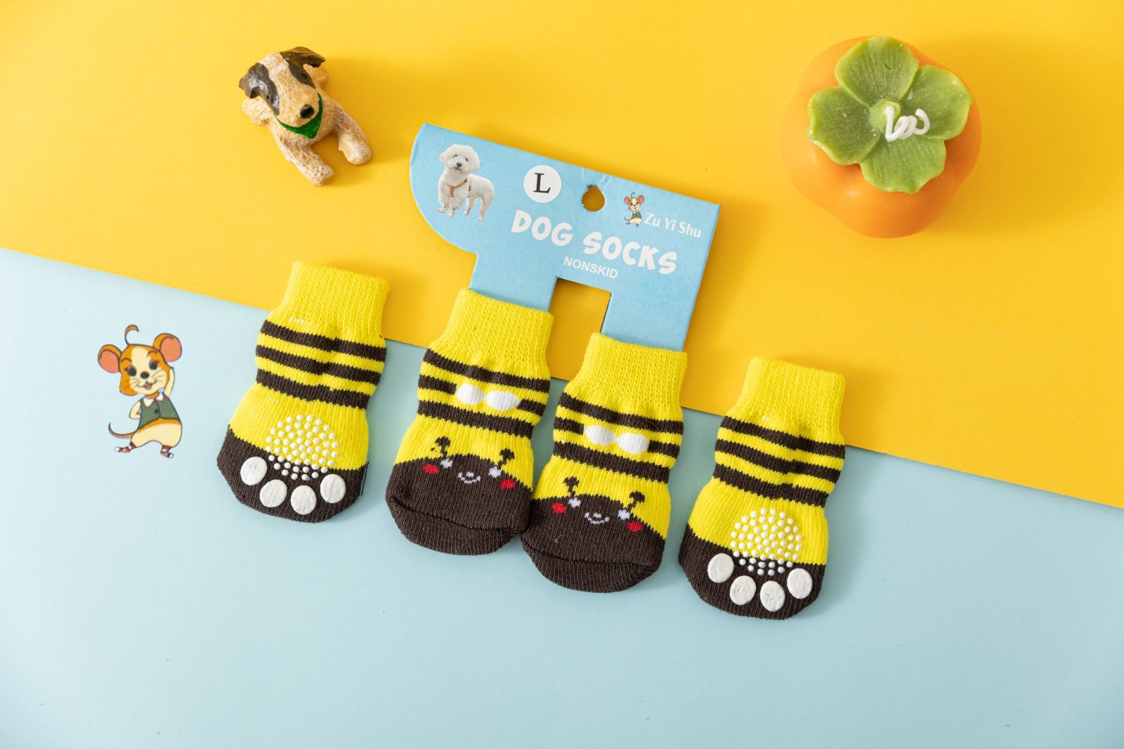 Pet Dog Socks Cartoon Pattern Non Slip 4 Pack Yellow bee [4 pack] S
