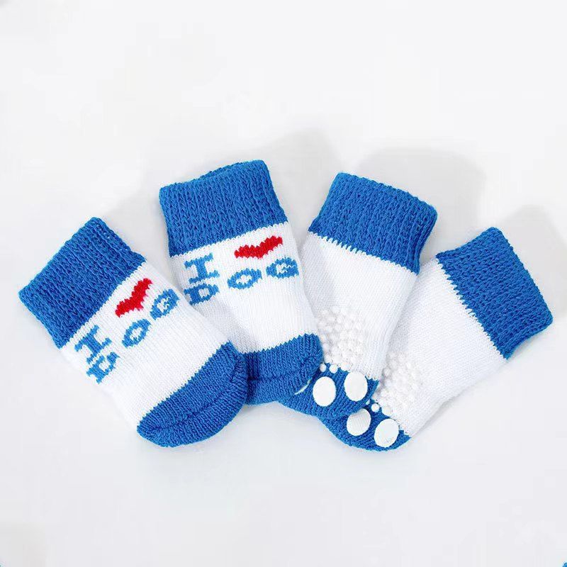 Pet Dog Socks Cartoon Pattern Non Slip 4 Pack Blue love [pack of 4] S