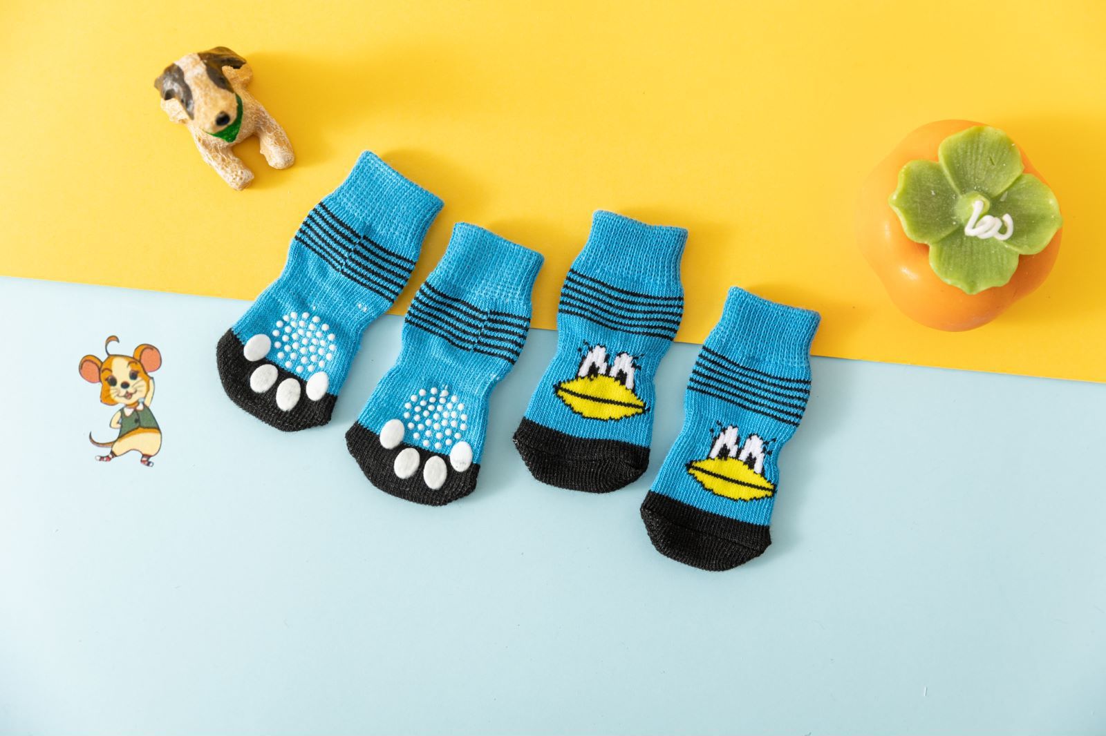 Pet Dog Socks Cartoon Pattern Non Slip 4 Pack Big-billed duck [pack of 4] S