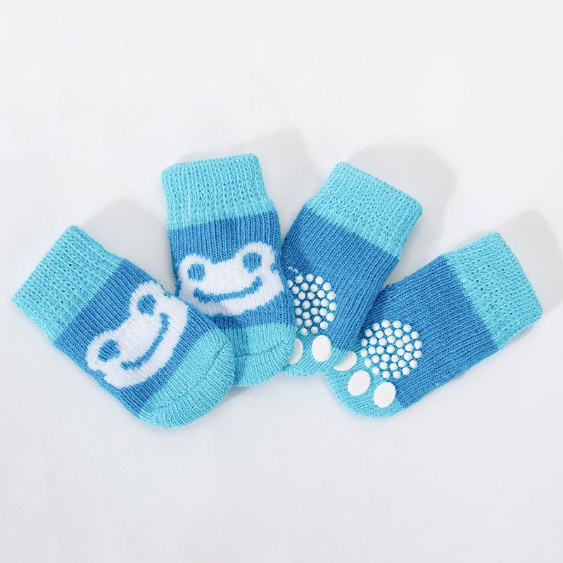 Pet Dog Socks Cartoon Pattern Non Slip 4 Pack Blue frog [pack of 4] M