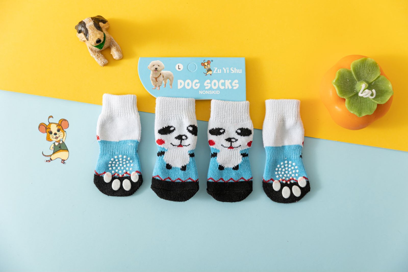 Pet Dog Socks Cartoon Pattern Non Slip 4 Pack Blue panda [4 pack] Xl-super