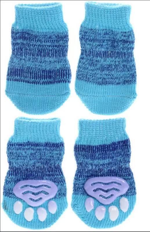 Pet Dog Socks Cartoon Pattern Non Slip 4 Pack Haze blue socks [4 pack] L