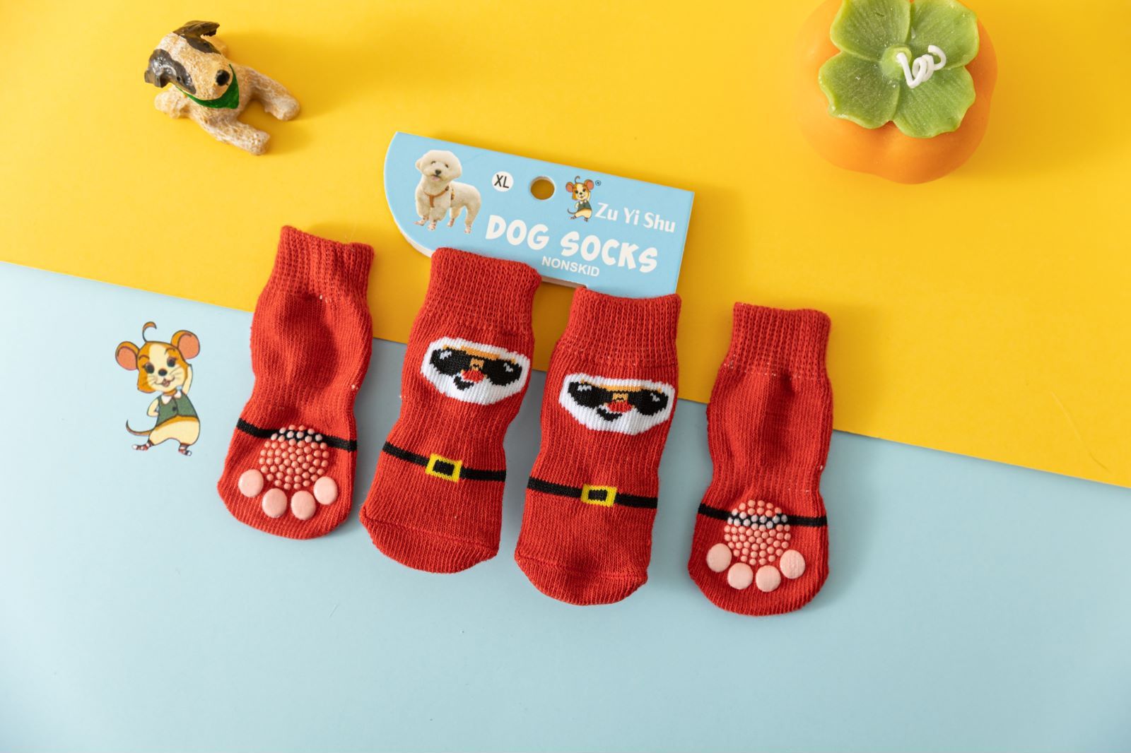 Pet Dog Socks Cartoon Pattern Non Slip 4 Pack Red santa claus L [recommended
