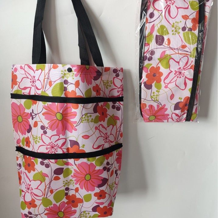 Rolling Shopping Bag Oxford Cloth Cube Type MS-003 Pink flowers on white