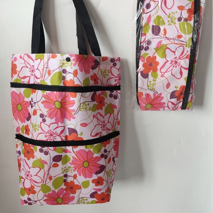 Rolling Shopping Bag Oxford Cloth Cube Type MS-003 Pink flowers on white view 2