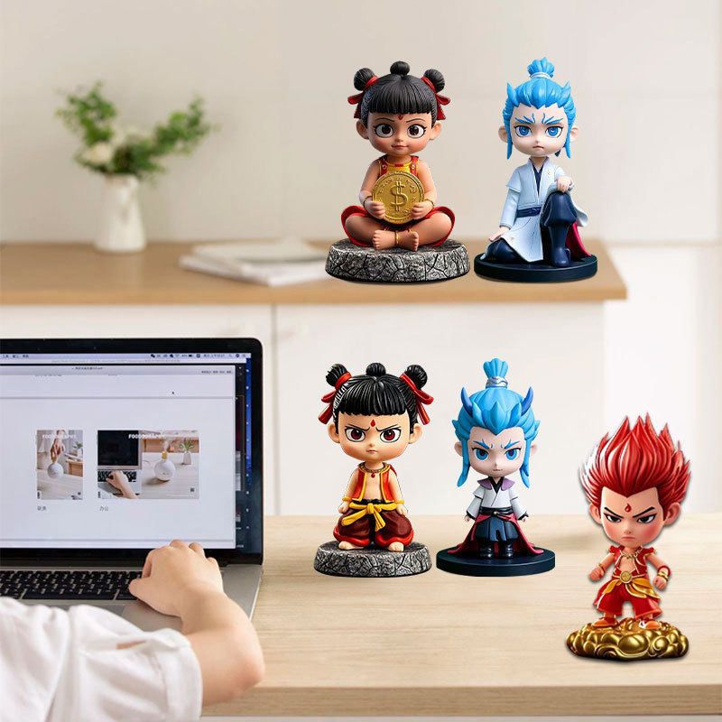 Nezha Bobblehead Figurine Wanfei Resin Car Office Decor Combination view 2