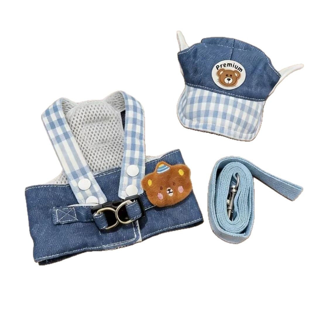 AMOOR Dog Harness Set Breathable Polyester Small Medium Denim Bear Two-Piece Set view 6