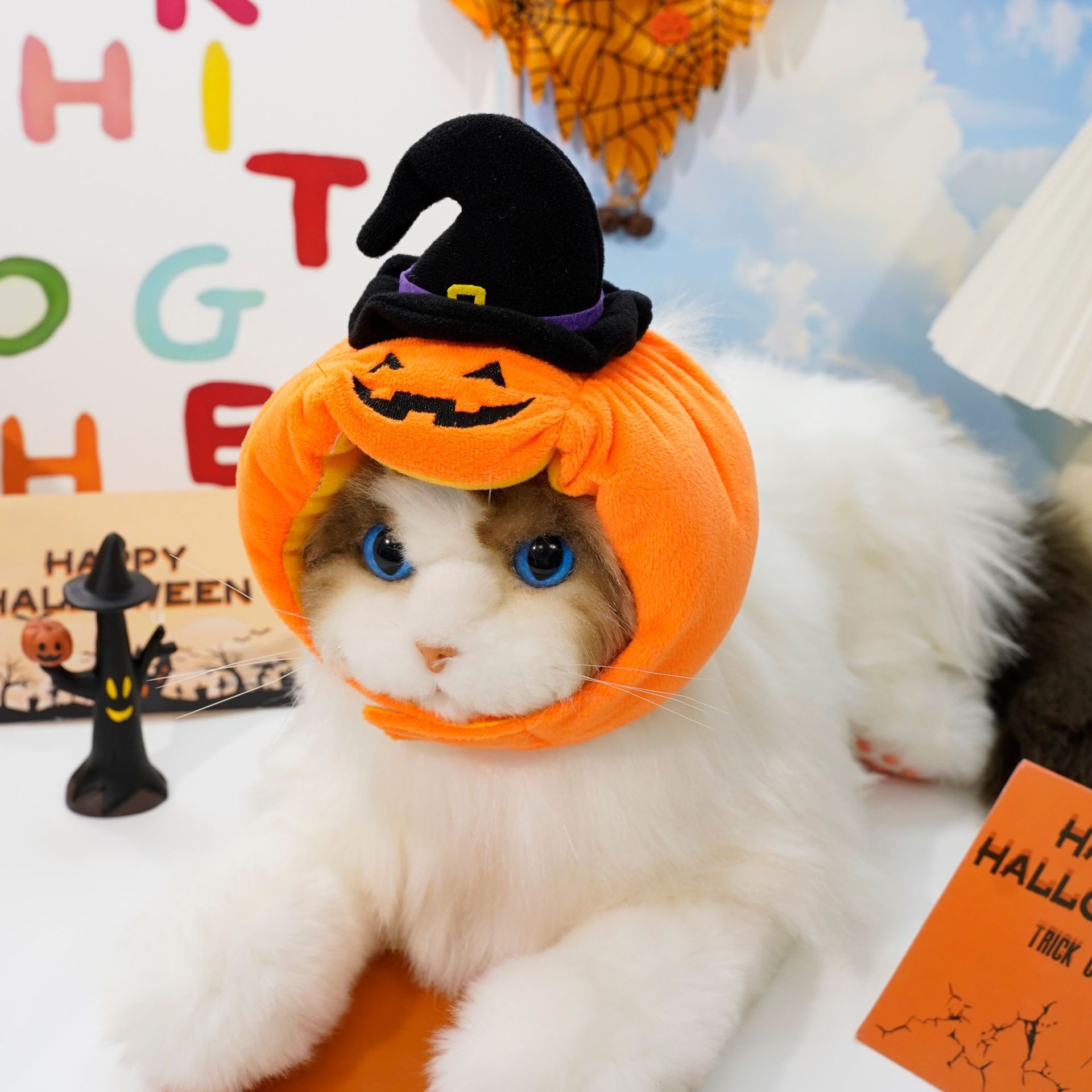Halloween Dog Cat Pumpkin Hat Costume Black + Orange Pumpkin Hat M (37cm L x view 3
