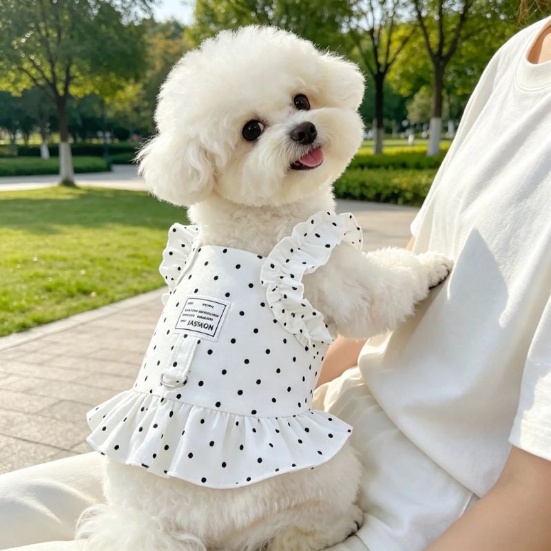 AMOOR Dog Summer Dress Lace Polka Dot Floral Ruffle Cami Dress [Pink] view 4