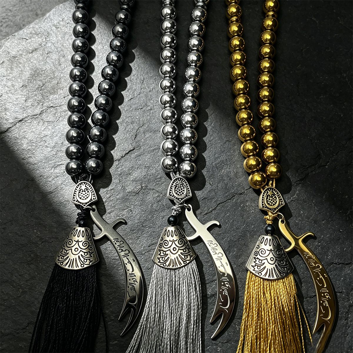 Black Stone Car Keychain Tassel Silver view 3