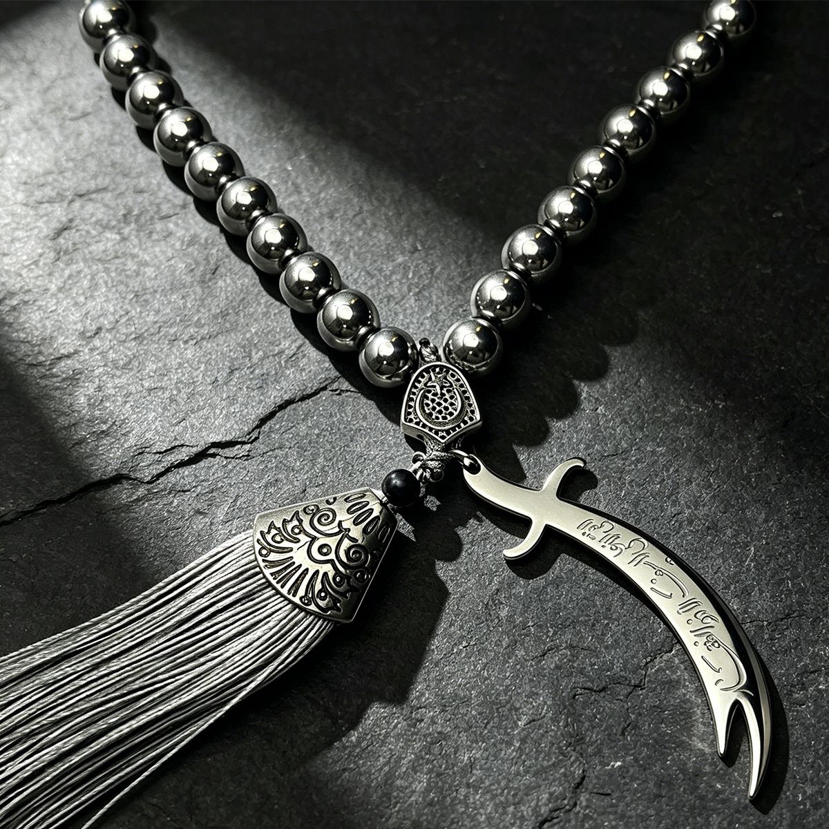 Black Stone Car Keychain Tassel Silver view 4