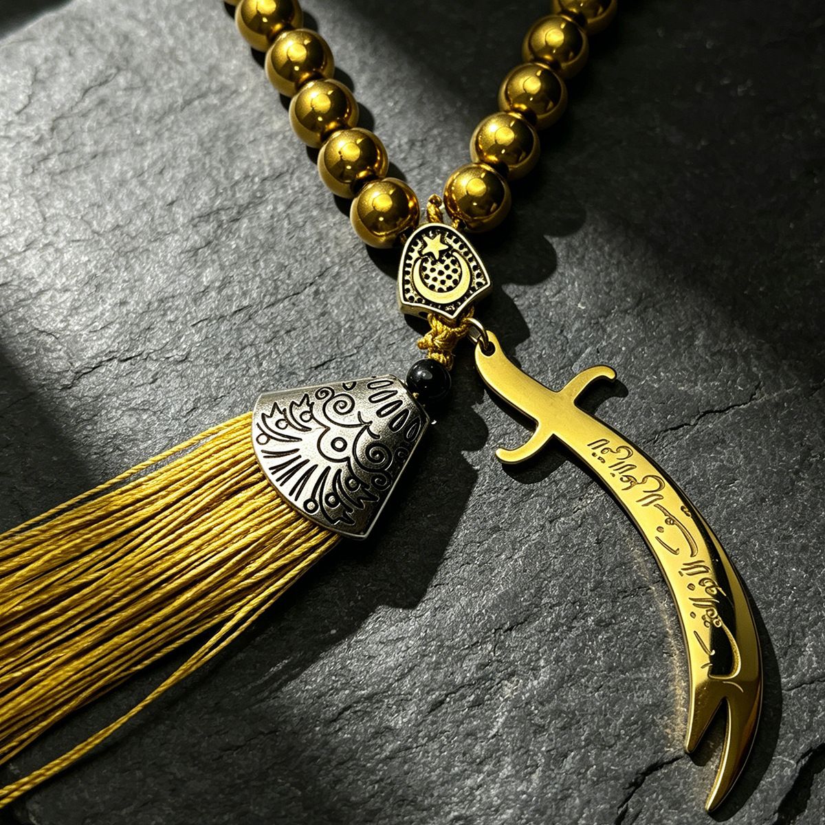 Black Stone Car Keychain Tassel Silver view 2
