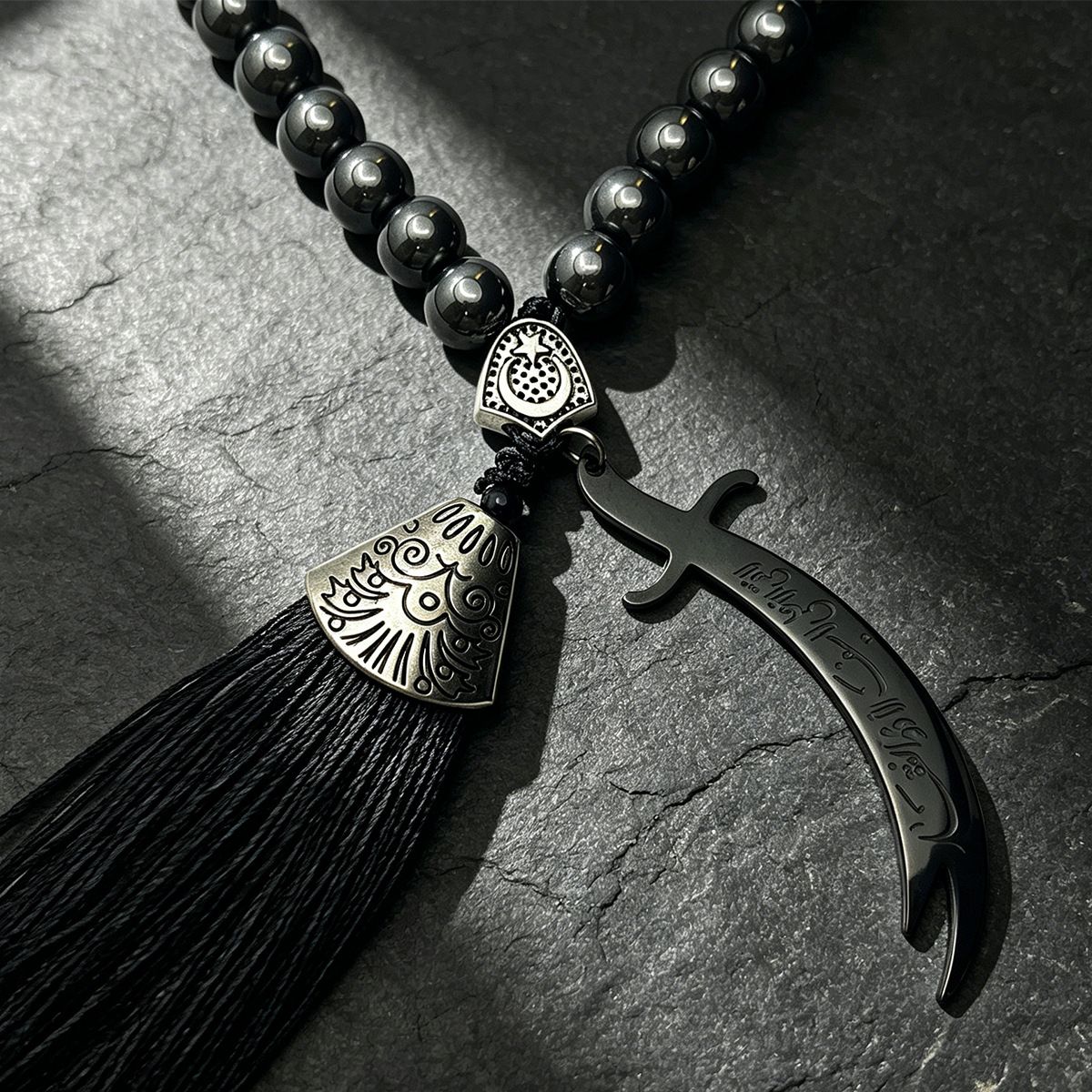 Black Stone Car Keychain Tassel Silver view 5