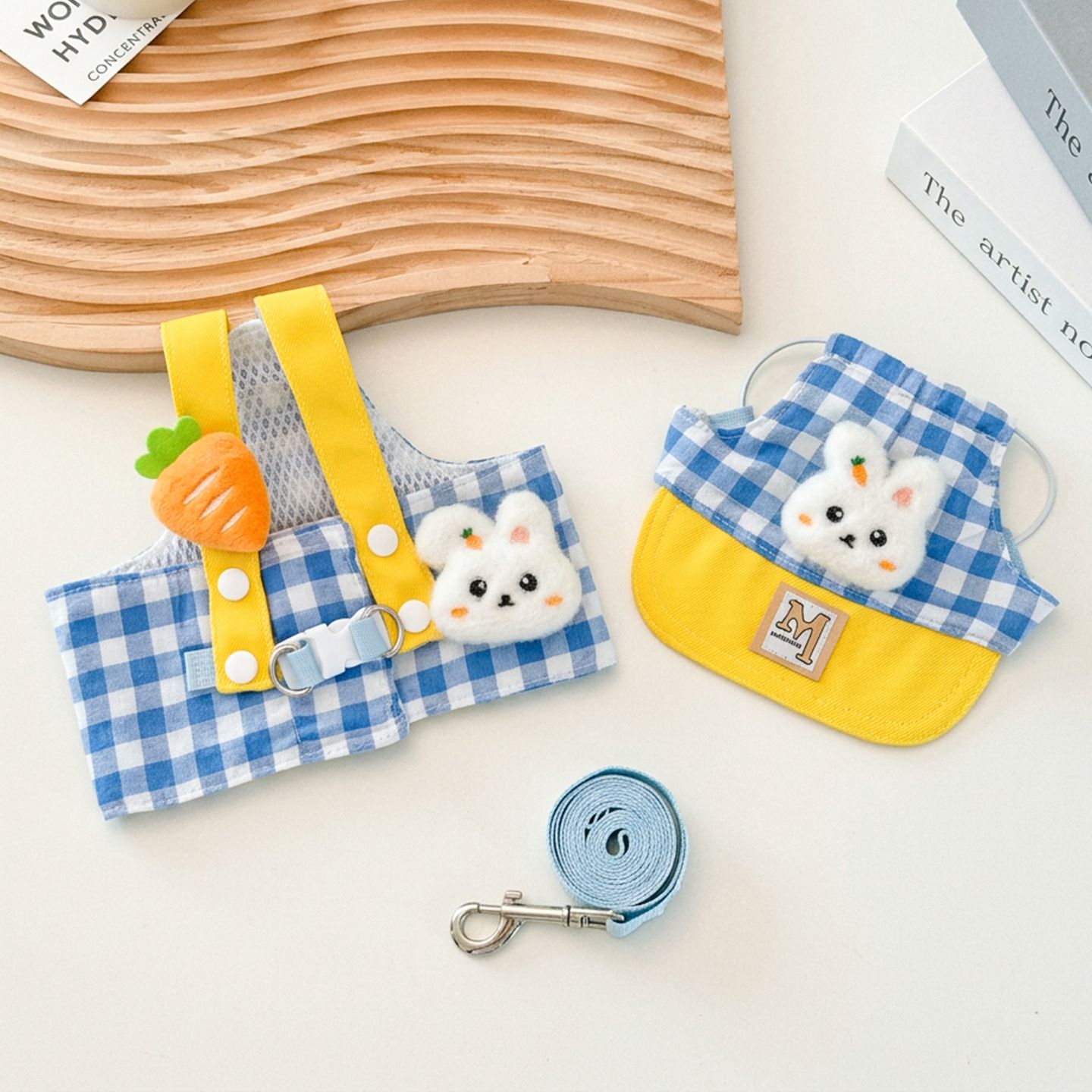 AMOOR Dog Harness Set Plush Toy Small Medium Blue Plaid Bunny Hat view 2