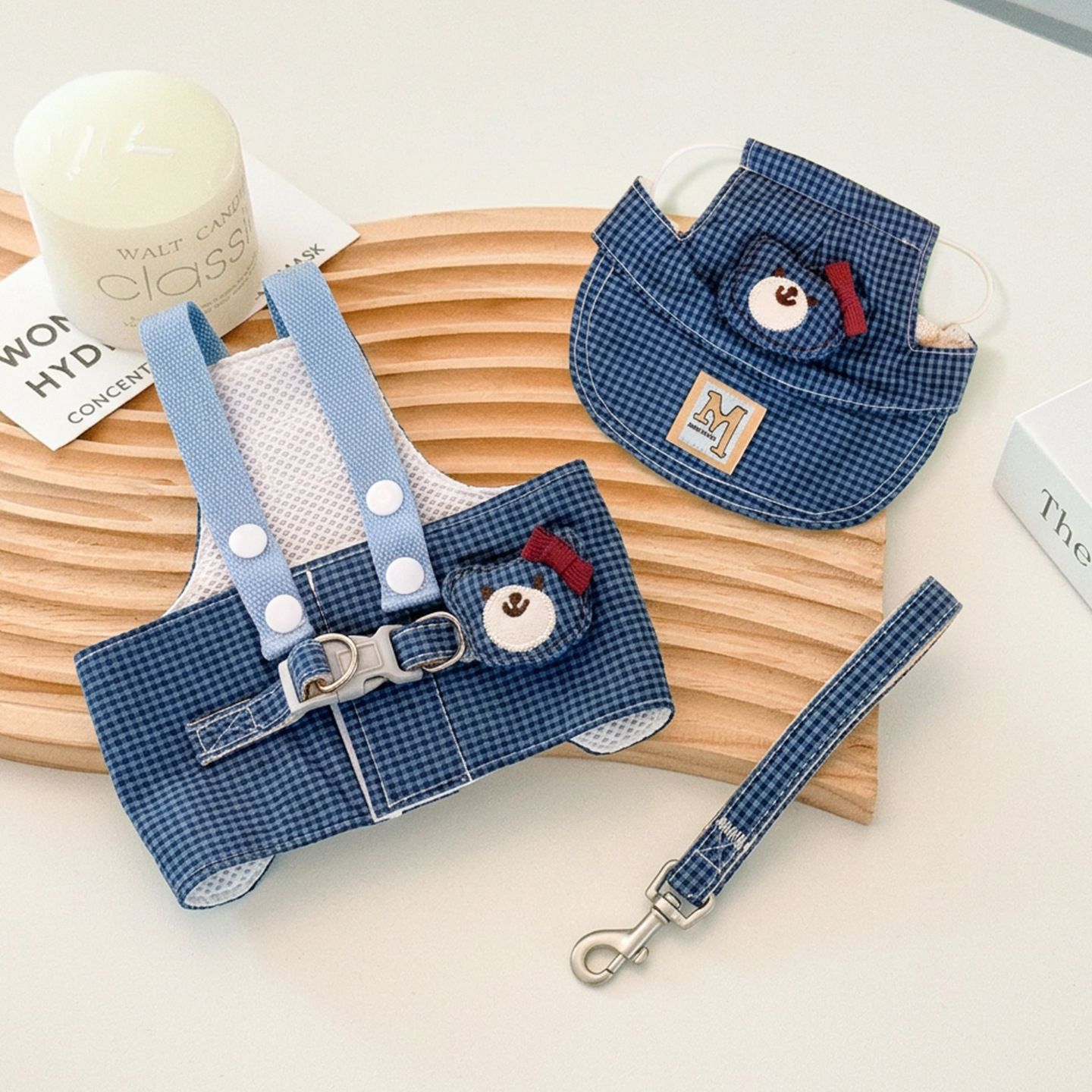 AMOOR Dog Harness Set Plush Toy Small Medium Blue Plaid Bunny Hat view 3