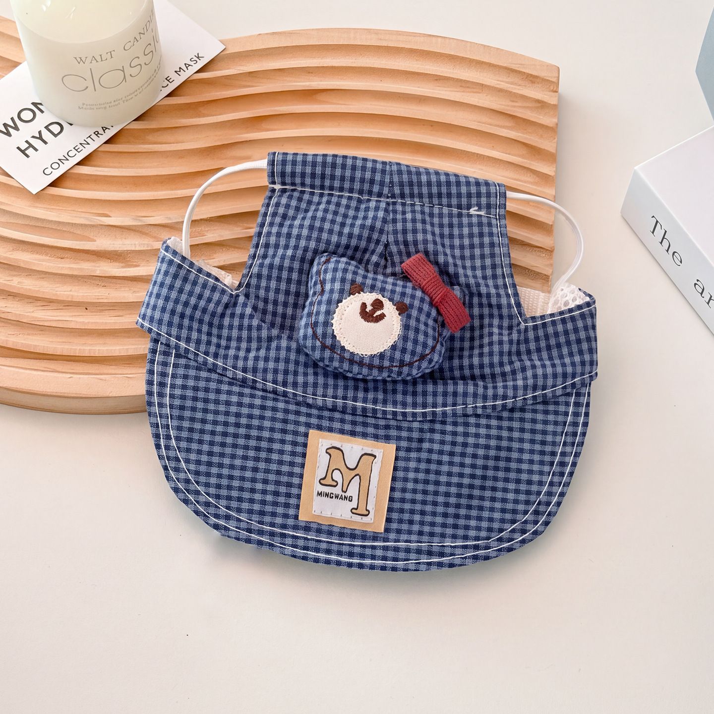 AMOOR Dog Harness Set Plush Toy Small Medium Blue Check Denim Bear Hat — image 1