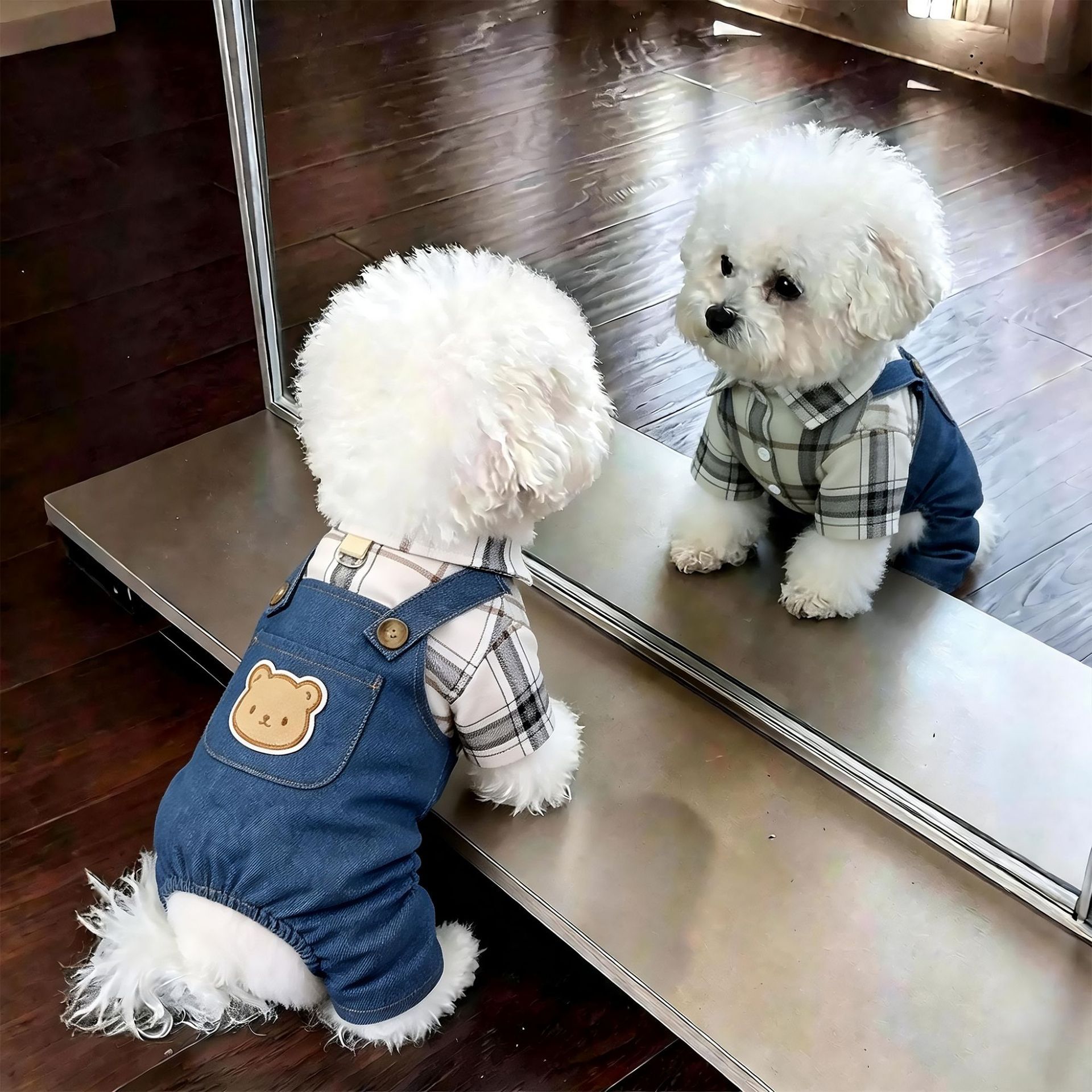 AMOOR Dog 4 Leg Shirt Plaid Denim Overalls Dandan Doll Overalls view 3
