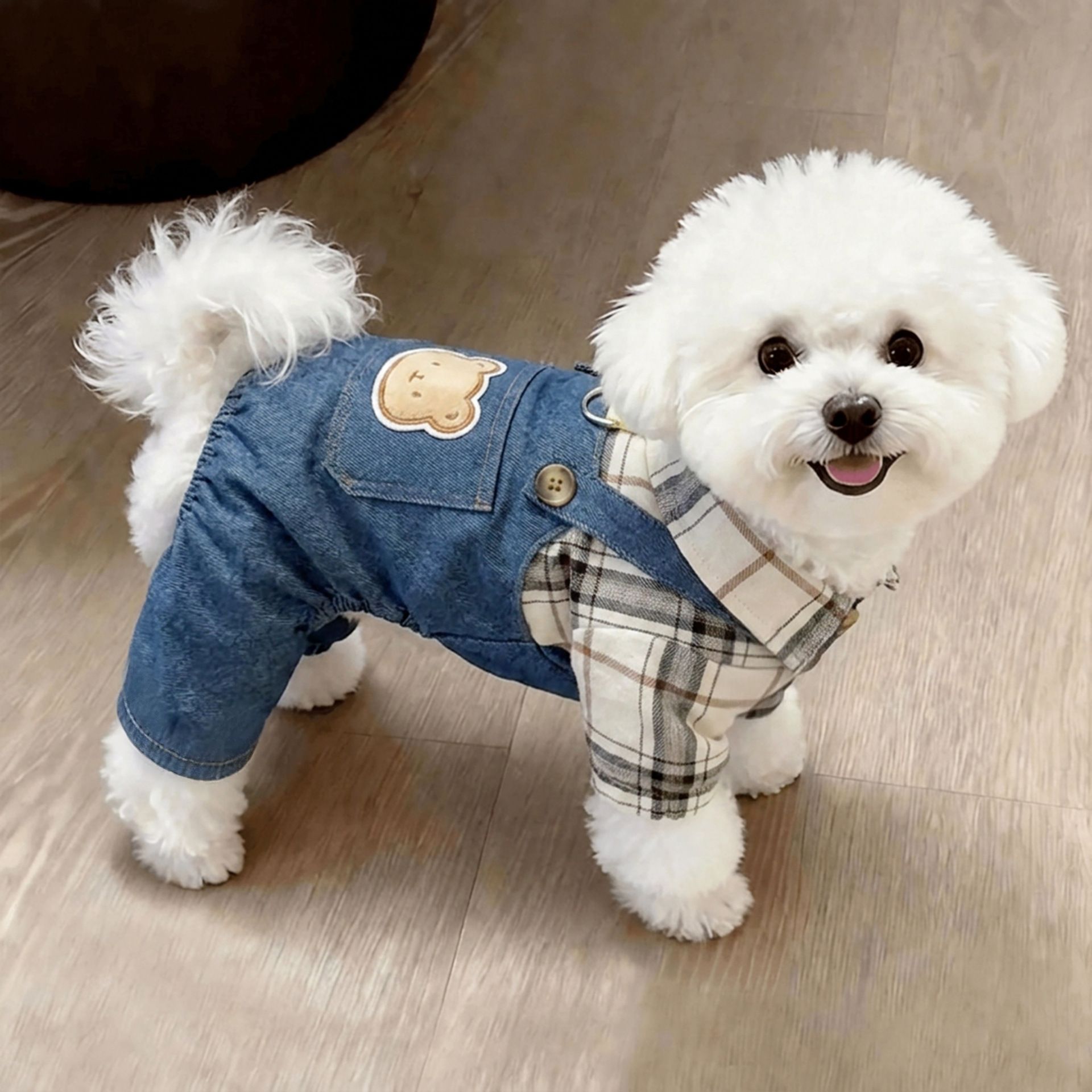 AMOOR Dog 4 Leg Shirt Plaid Denim Overalls Dandan Doll Overalls view 2
