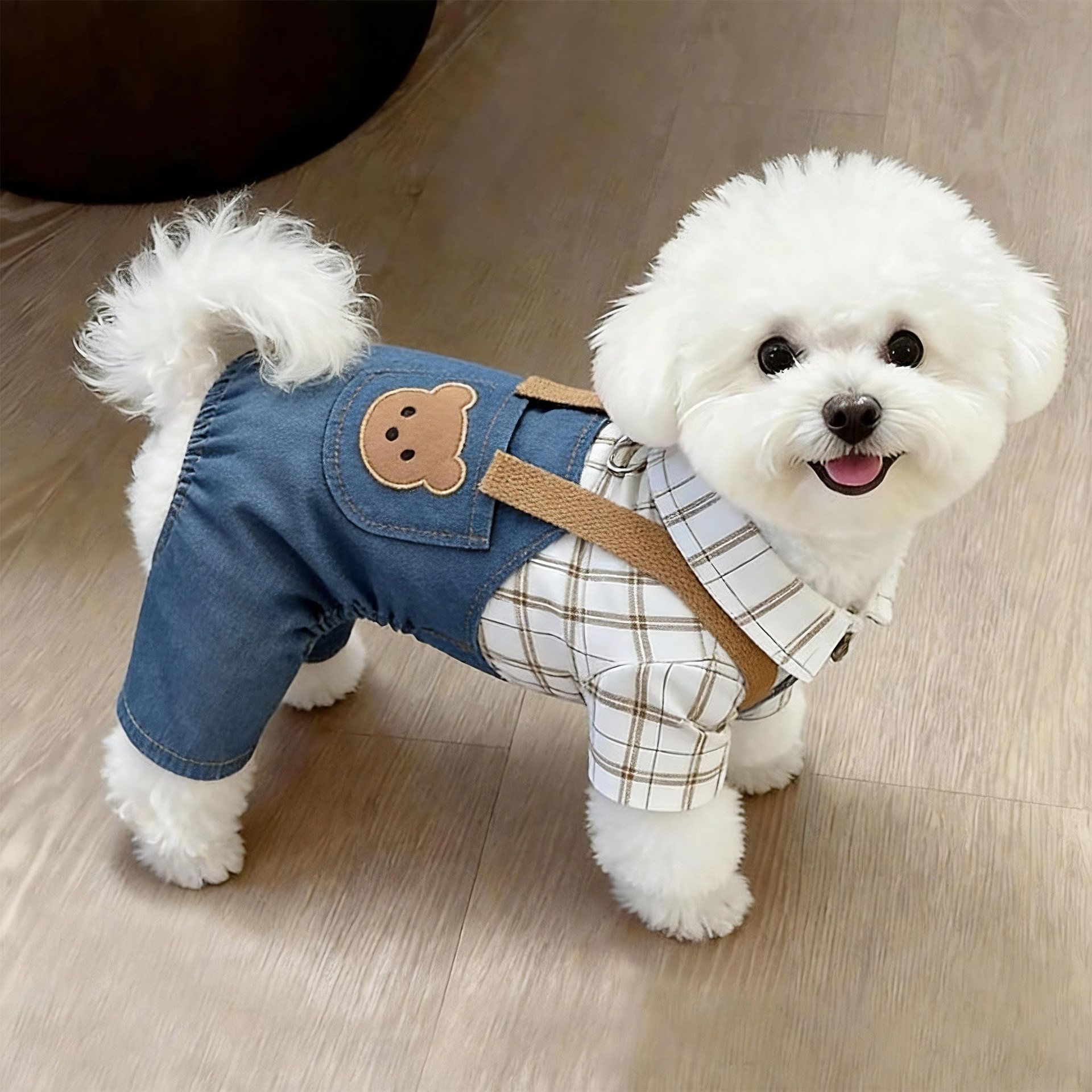 AMOOR Dog Clothes Dinosaur Four Leg Bear Pocket Plaid Overalls S — image 1