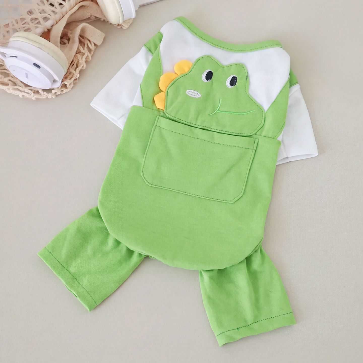AMOOR Dog Clothes Dinosaur Four Leg Bear Pocket Plaid Overalls XXL view 3