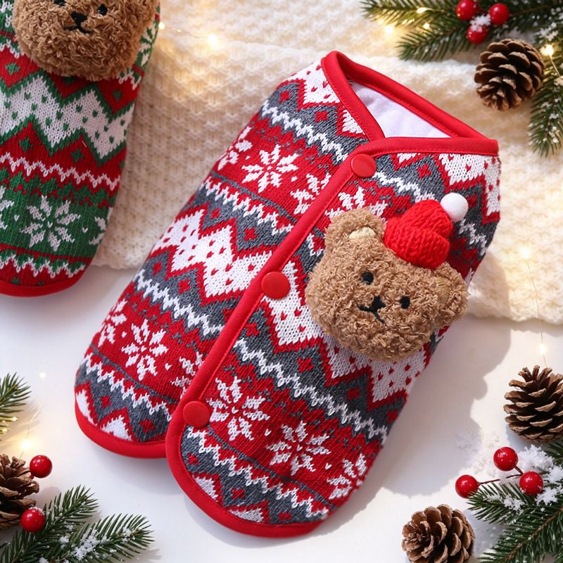 Dog Vest Christmas Bear Knitted Warm Green Red Knitted Snowflake Bear view 3