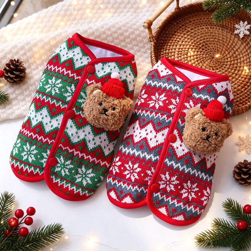 Dog Vest Christmas Bear Knitted Warm Green Red Knitted Snowflake Bear view 2
