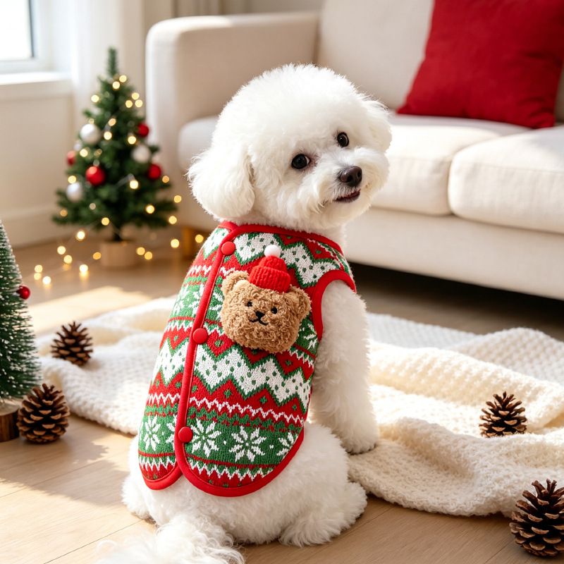 Dog Vest Christmas Bear Knitted Warm Green Red Knitted Snowflake Bear view 5