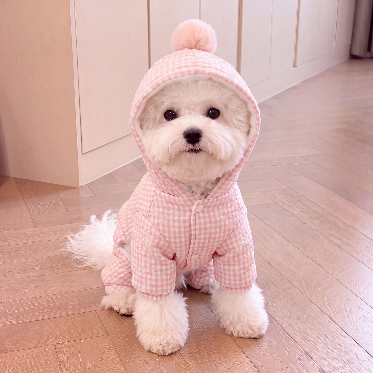 AMOOR Dog Winter Plaid Hooded 4 Leg Jacket Pink XS view 5