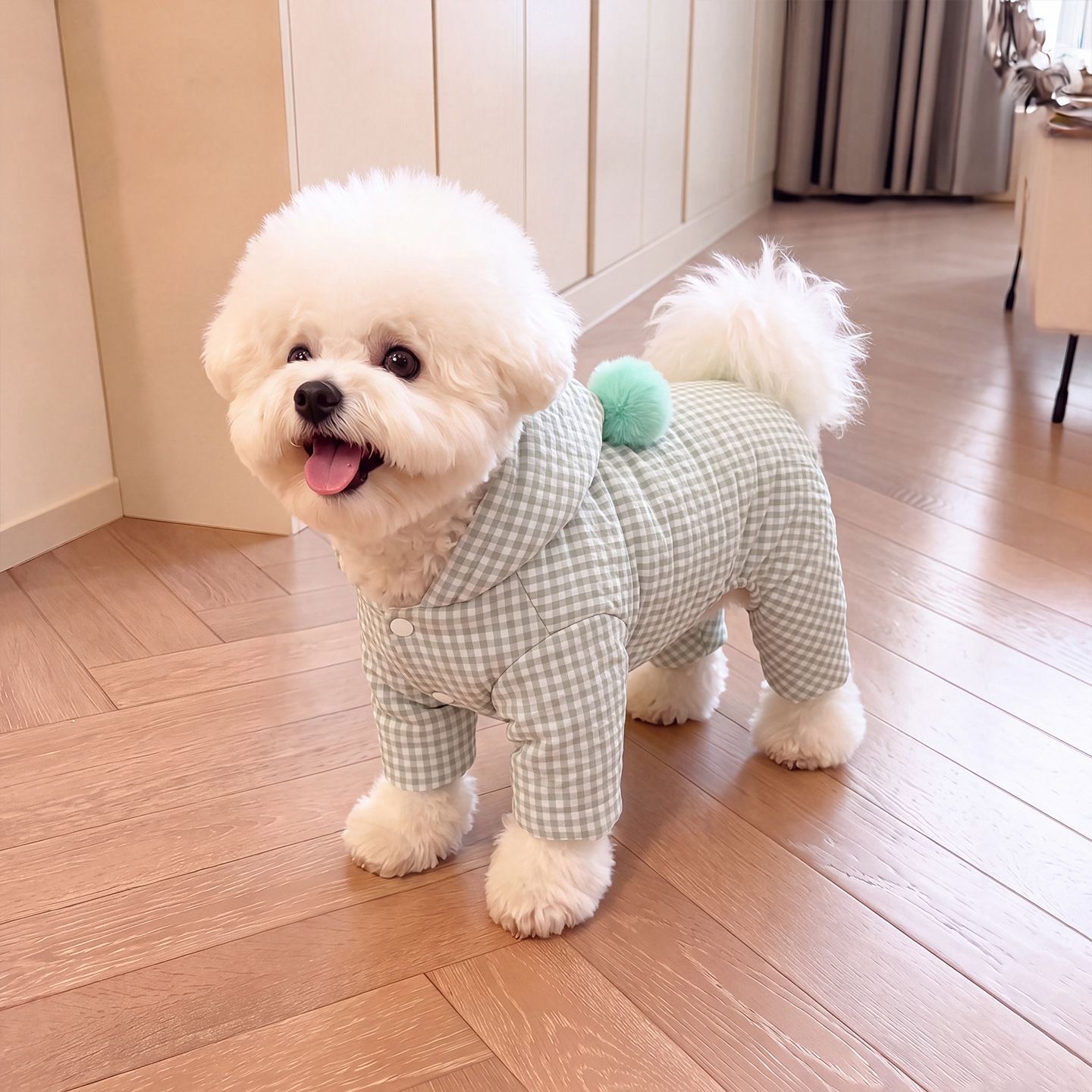 AMOOR Dog Winter Plaid Hooded 4 Leg Jacket Green XS view 4