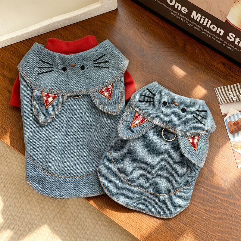 Cat Denim Vest with Leash and Ears Cat Ear Denim Jacket (Leash-Attached) XL view 3