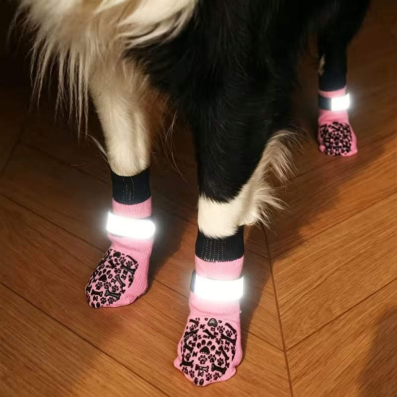 Dog Socks Outdoor Waterproof Non Slip Bone Style Cotton Pink bone style [opp view 4