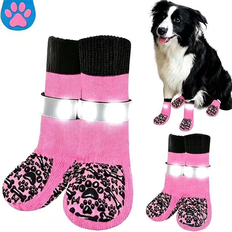 Dog Socks Outdoor Waterproof Non Slip Bone Style Cotton Pink bone style [opp view 5