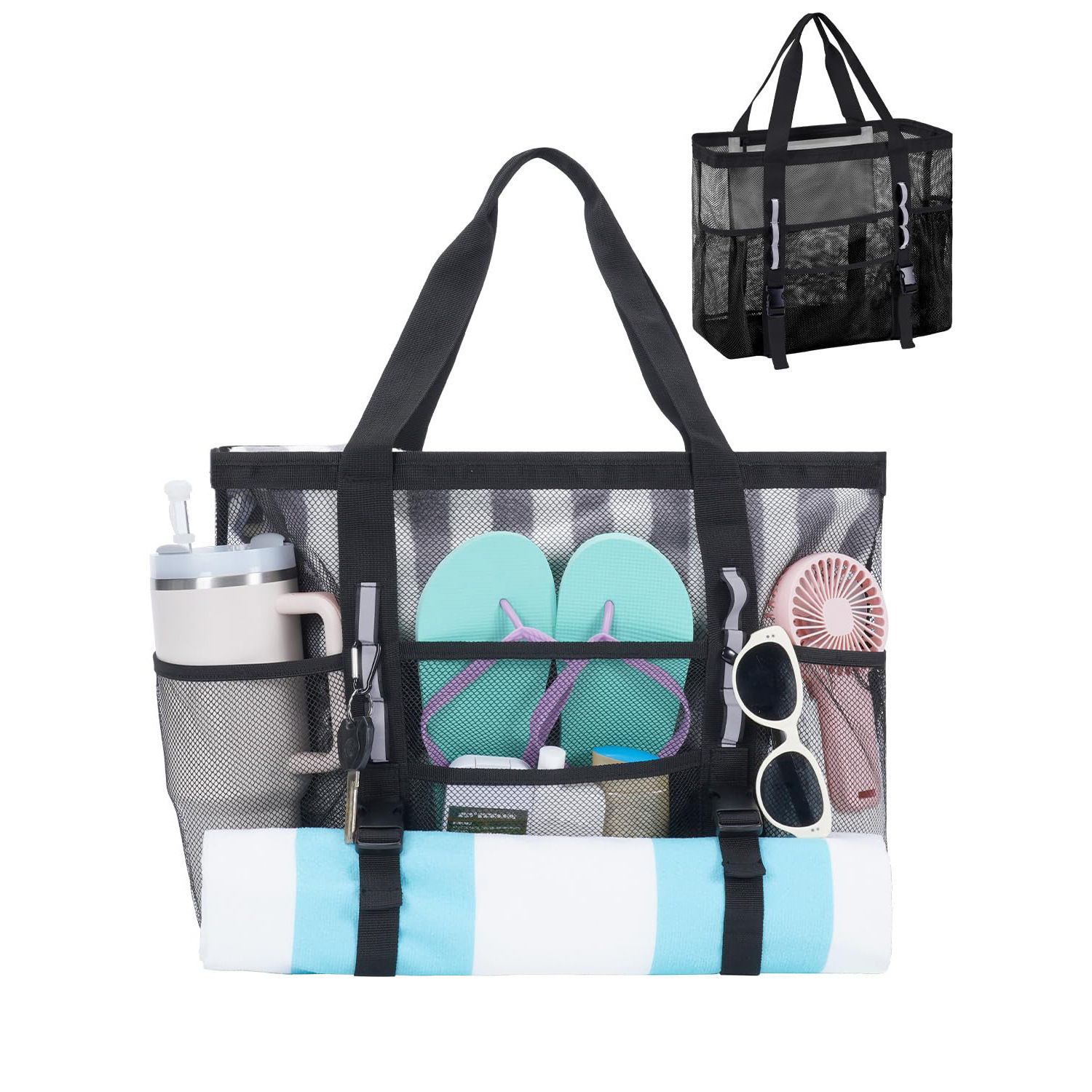 Multifunctional Mesh Beach Bag for Travel Storage Black view 5