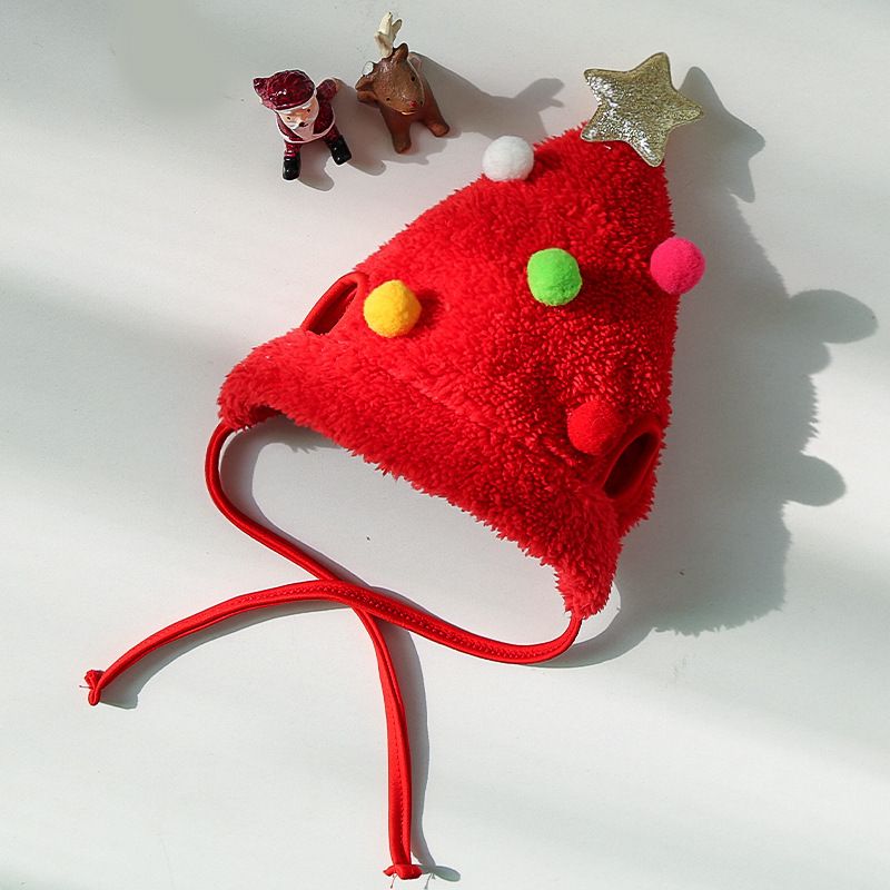 Pet Christmas Hat Bandana Wearable Accessories Red Hat with Colorful Balls L