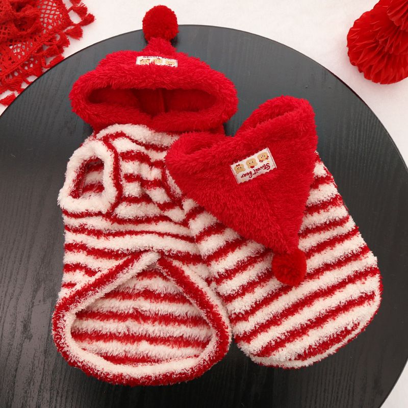 Pet Clothing Red Striped Hoodie Warm Winter Wear 560 stripes red cap M (Chest view 2