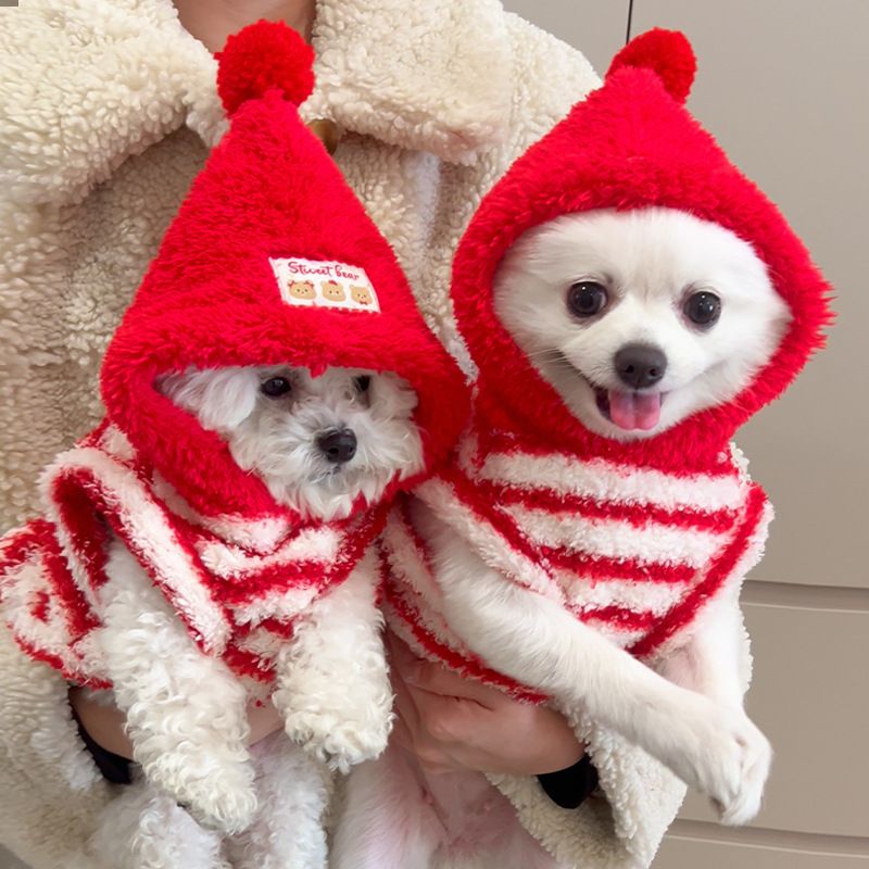 Pet Clothing Red Striped Hoodie Warm Winter Wear 560 stripes red cap XL (Chest view 3