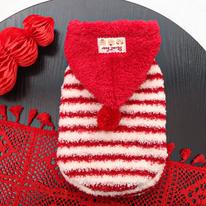 Pet Clothing Red Striped Hoodie Warm Winter Wear 560 stripes red cap 2XL