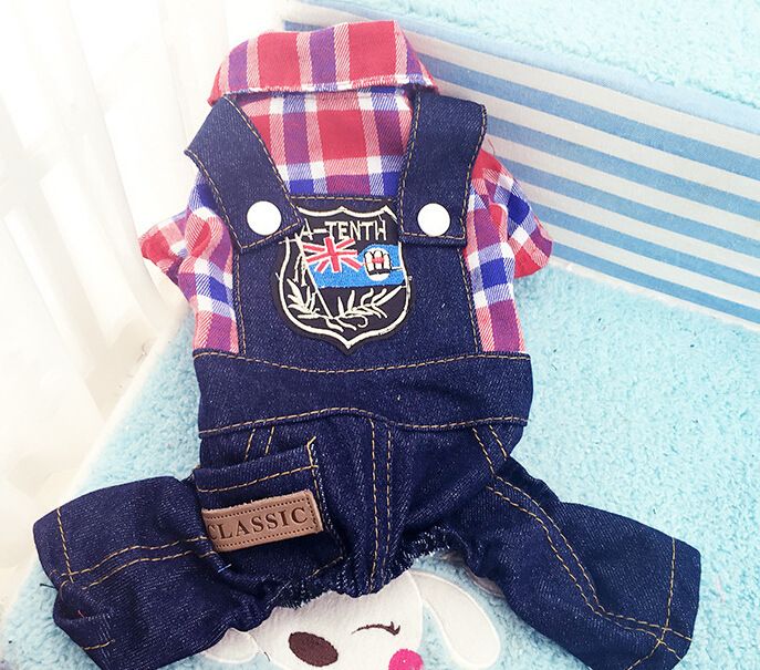 Shine Dog Cat 4 Leg Plaid Denim Jacket Four-legged plaid denim red XS — image 1