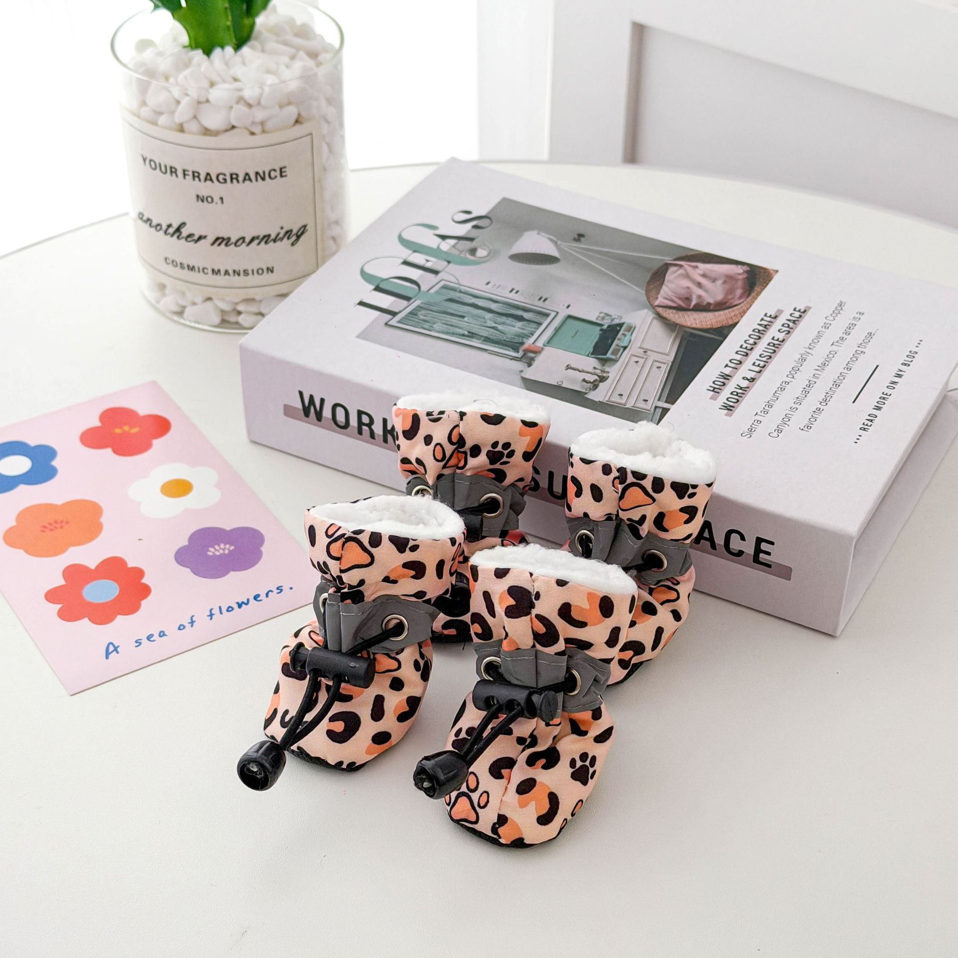 AMOOR Dog Shoes Winter Soft Bottom Fleece Adjustable Leopard Print 5#