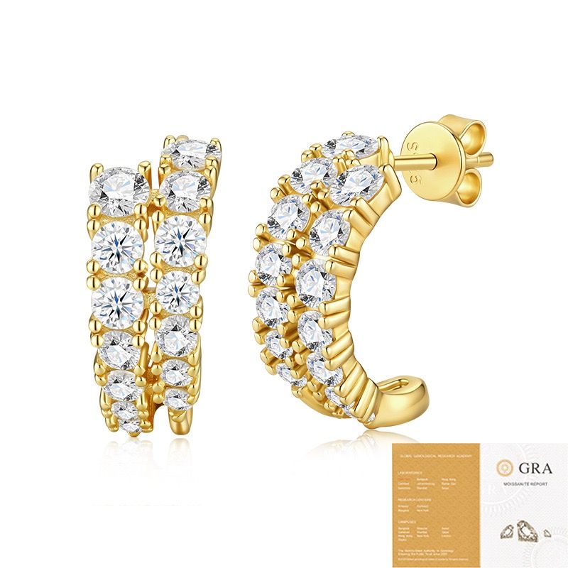 Double-Row Moissanite C-Shaped Earrings in 18K Gold Plated 925 Silver