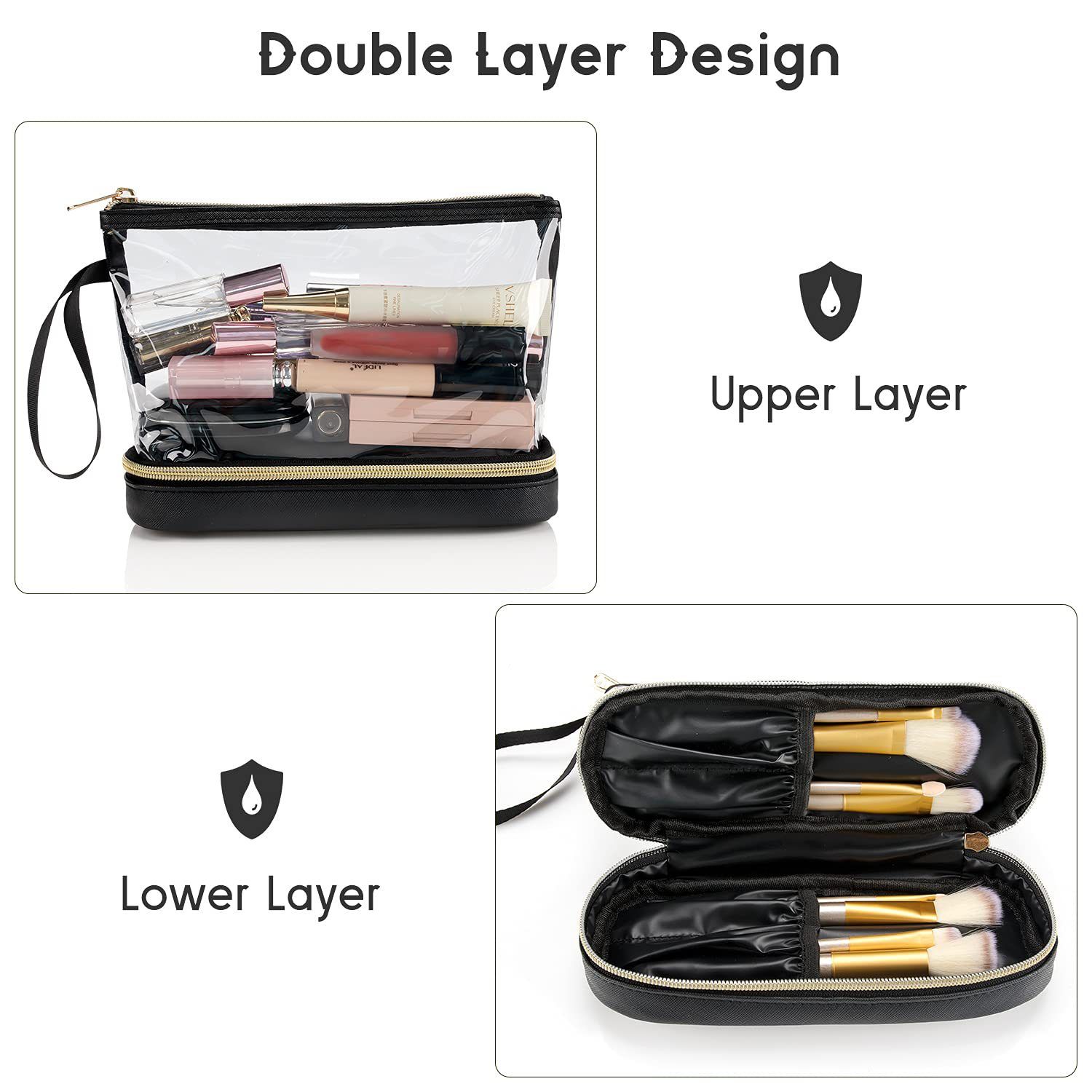 Double-Layer Portable Cosmetic Bag with Clear PVC Top and Vegan Leather Base view 5