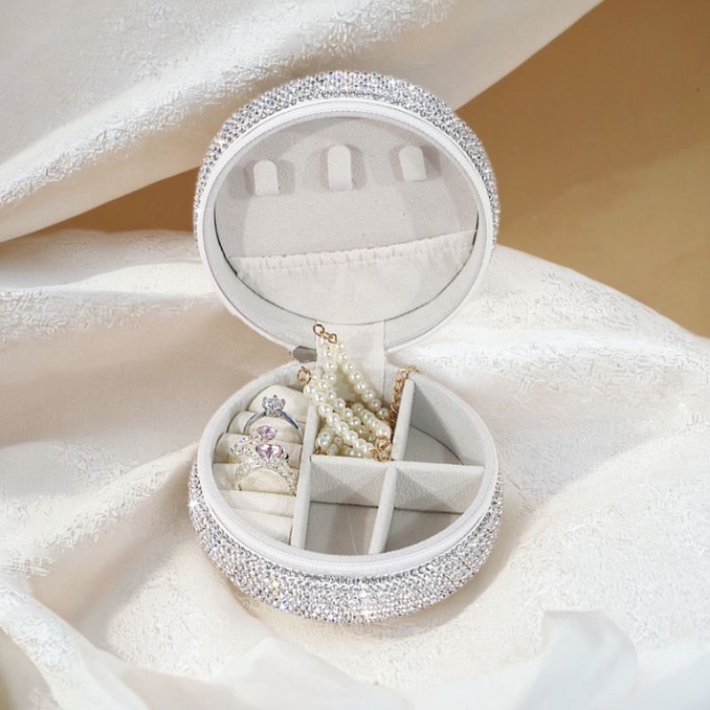 Portable Round Rhinestone Jewelry Organizer Box with Zipper