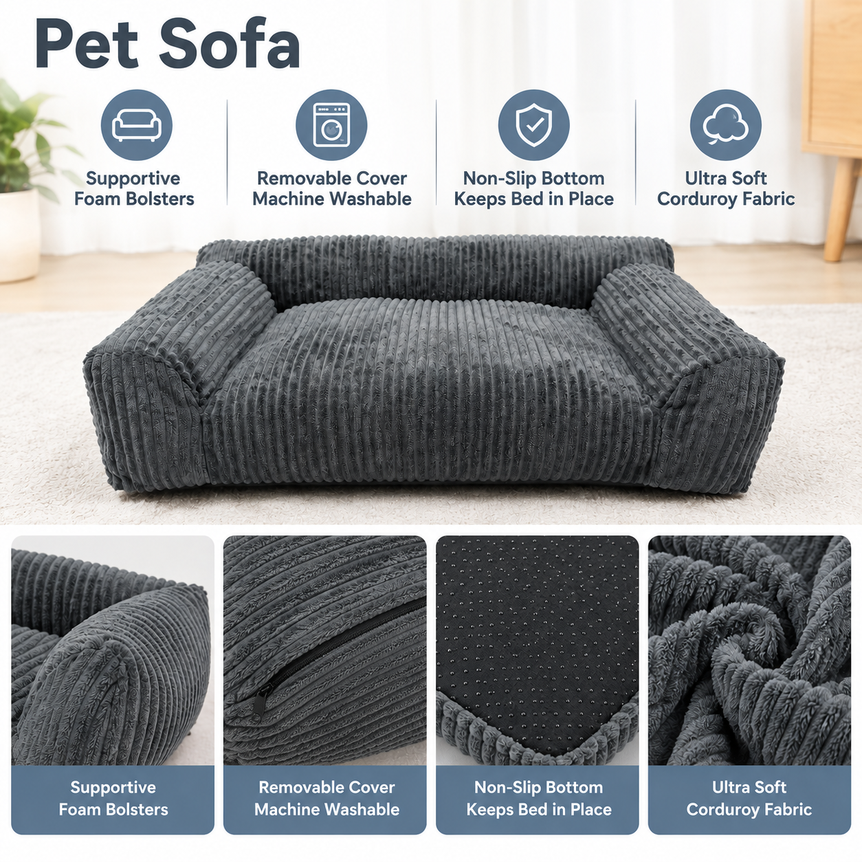 Soft Corduroy Pet Sofa Bed with Bolster Support for Cats and Small to Medium Dogs view 3